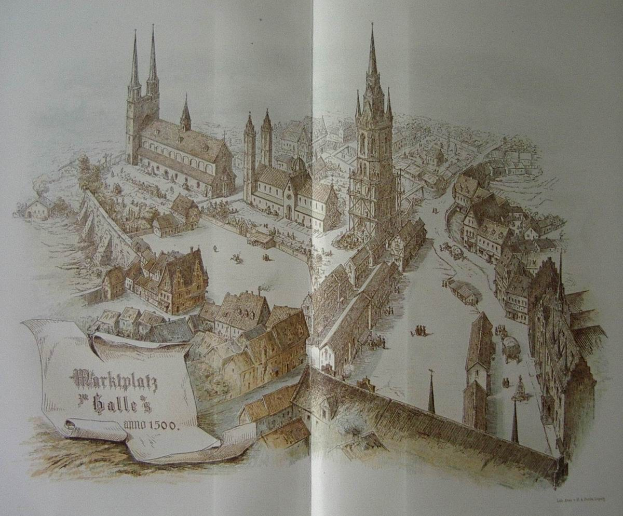 Offenes Buch mit einer detaillierten Zeichnung des Marktplatzes in Halle, Deutschland, mit Gebäuden und handgeschriebener Text auf der Seite.