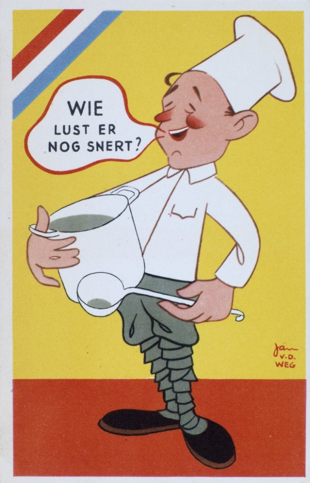 Ein Karikatur-Koch in weißer Uniform und Hut, der fröhlich eine Schüssel und einen Löffel hält, in einer Küche mit einem Herd und einem Waschbecken im Hintergrund.
