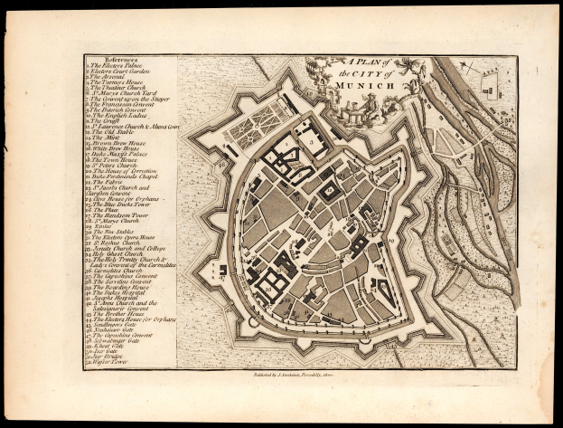 Detailiertes altes Stadtplan von München, Deutschland, mit Straßen, Gebäuden und Sehenswürdigkeiten auf einem schwarzen Hintergrund, einschließlich Text mit Straßennamen und Sehenswürdigkeiten.