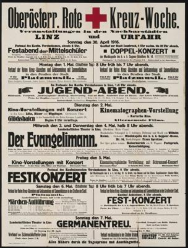 Eine alte deutsche Zeitungsanzeige des Deutschen Roten Kreuzes vom 30. April 1916 mit Text und einem Pluszeichen.
