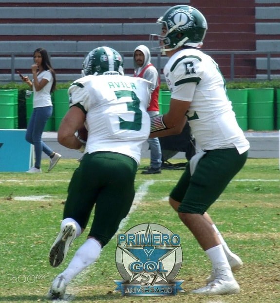 Ein Fussballspieler in Bewegung mit dem Ball auf einem Rasenfeld, mit Zuschauern und Stadiontreppen im Hintergrund.