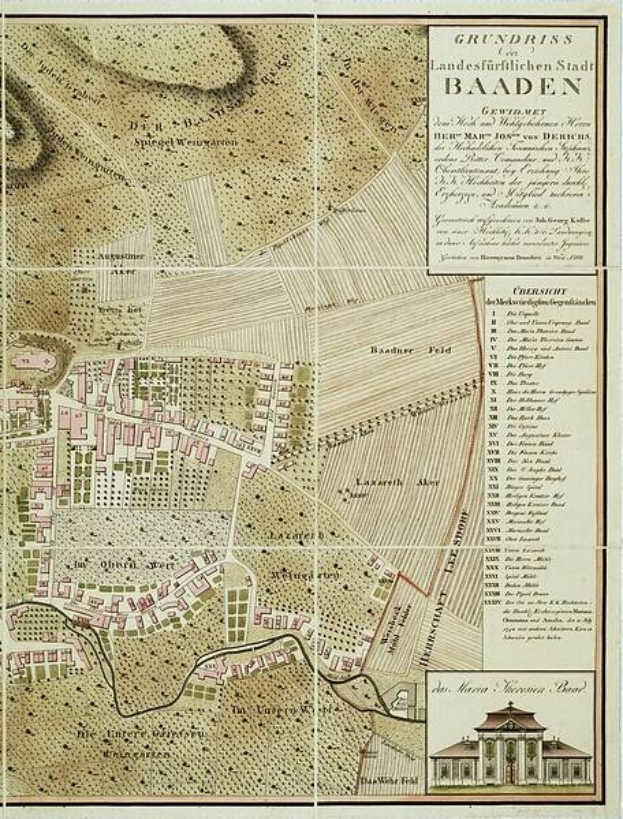 Alte detaillierte Karte von Baden-Württemberg, Deutschland, mit einem Gebäude in der rechten unteren Ecke, die Straßen, Gebäude und Stadtinformationen zeigt.