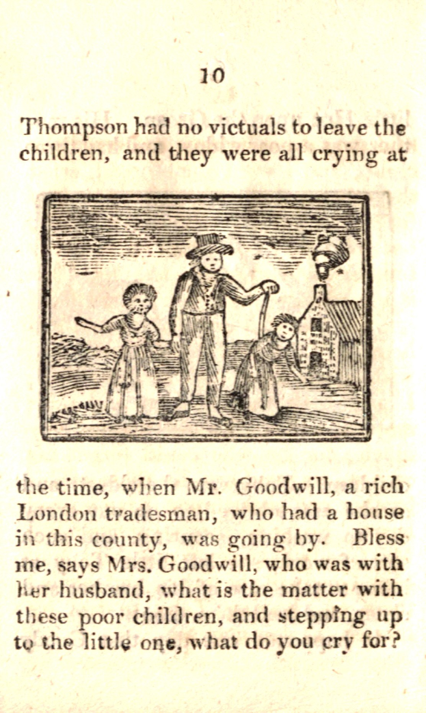 Eine handgezeichnete Abbildung auf Papier zeigt einen besorgten Mann mit zwei weinenden Kindern, darunter die Inschrift "Thompson hatte keine Opfer, um die Kinder zu hinterlassen, und sie weinten alle zu dieser Zeit"