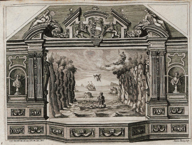 Schwarze und weiße Gravur eines Raums mit einer detaillierten 16. Jahrhundert-Szene auf der Wand, einschließlich Skulpturen, Figuren und Blattwerk sowie dekorativer Text unten.