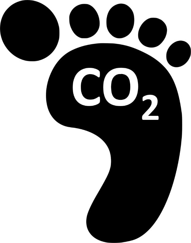 Ein schwarzer Fußabdruck mit dem Text "CO2" darauf vor einem weißen Hintergrund.