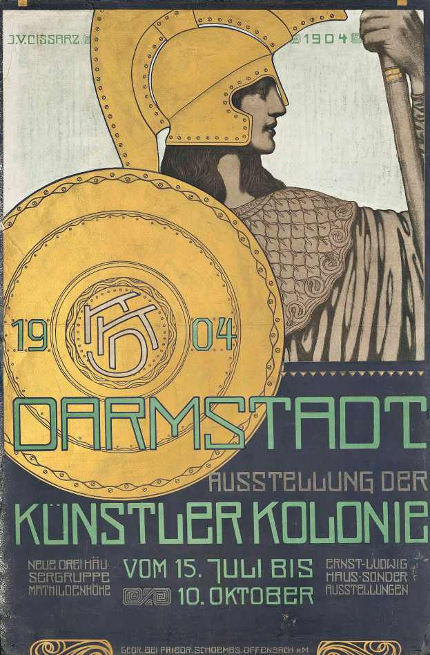 Ein Plakat, das ein 1904er Konzert in Berlin, Deutschland ankündigt, zeigt eine Person in einem Helm, die ein Schild hält, mit "Darmstadt" und "Kunstler Kolonie" in fetter Schrift.