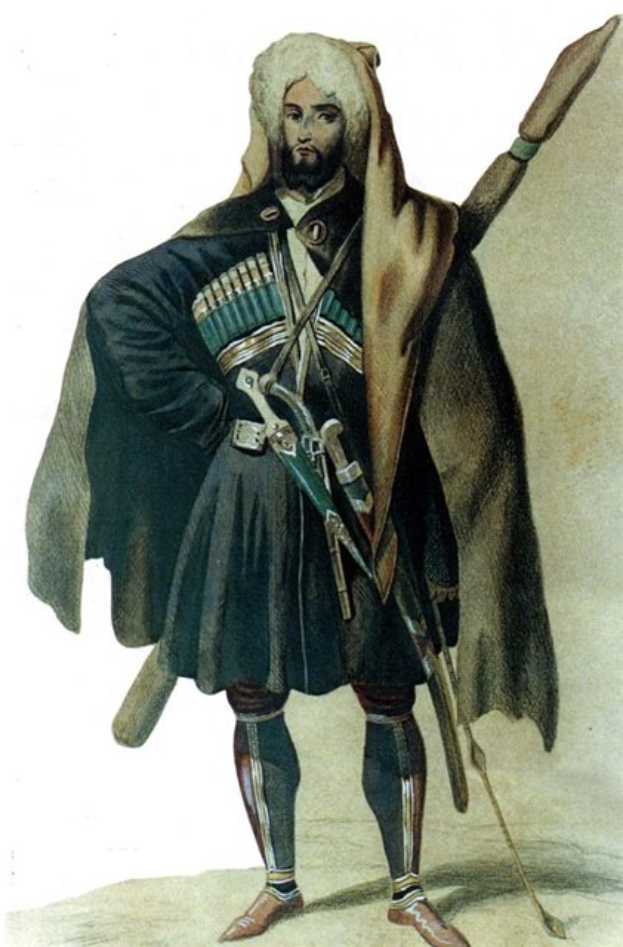 Ein Mann in einem Kilt, schwarzem Mantel und mit einem Schwert, der vor einem weißen Hintergrund steht und von Text unten als schottischer Soldat identifiziert wird.