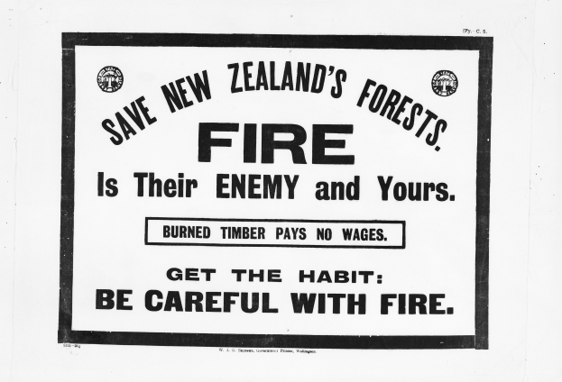 Schwarzes und weißes Plakat mit der Aufschrift "Schützt Neuseelands Wälder, Feuer ist ihr und euer Feind" für den Schutz der Wälder.