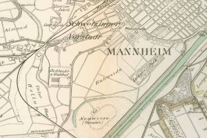 Ein detaillierter alter Stadtplan von Mannheim, Deutschland, mit Straßen, Gebäuden und Sehenswürdigkeiten in Blau-, Grün- und Gelbtönen markiert.