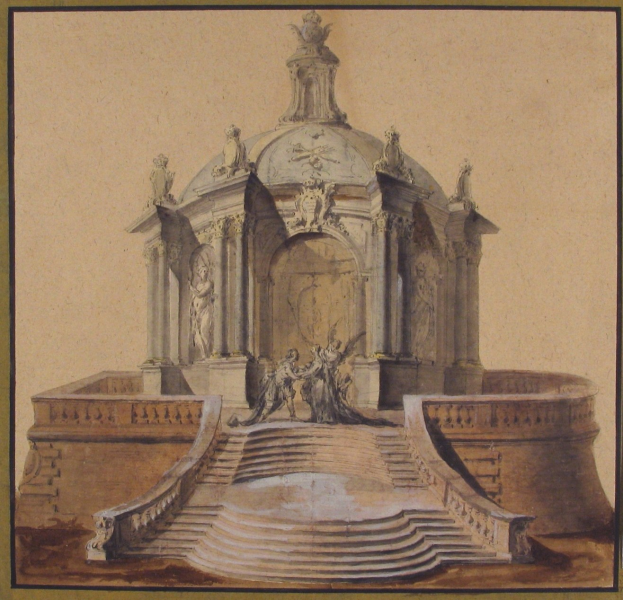 Eine Zeichnung eines klassizistischen Brunnens mit einer Statue darauf, eingerahmt von einem Photo-Rahmen, umgeben von Treppen und Skulpturen.