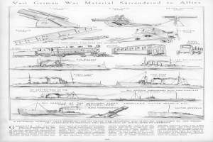 Ein Blatt Papier mit detaillierten Abbildungen verschiedener deutscher Militärfahrzeuge und Schiffe, mit der Beschriftung "Vast German War Material Surrendered to Allies".