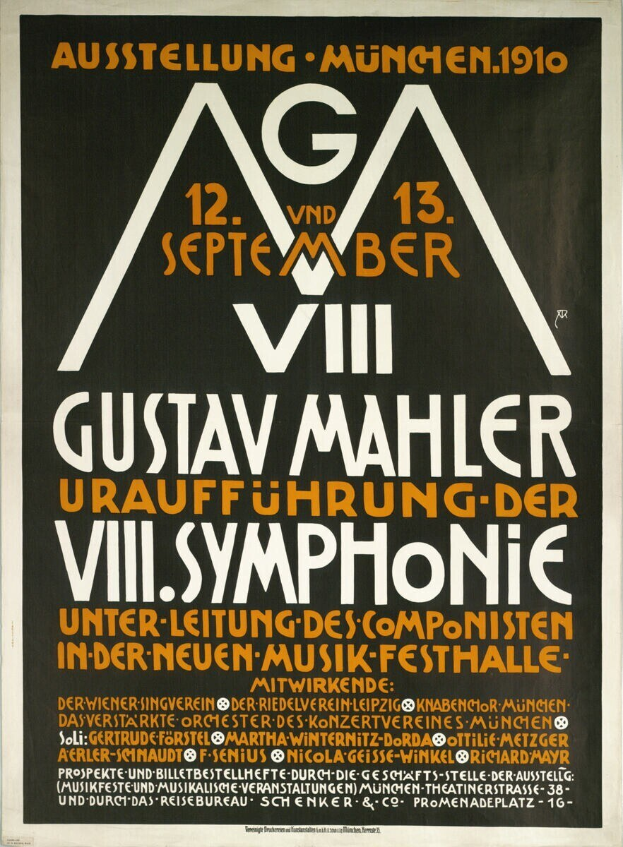 Plakat für das sinfonische Konzert von Gustav Mahler in München, Deutschland, das in der Mitte des Bildes mit Text angezeigt wird.