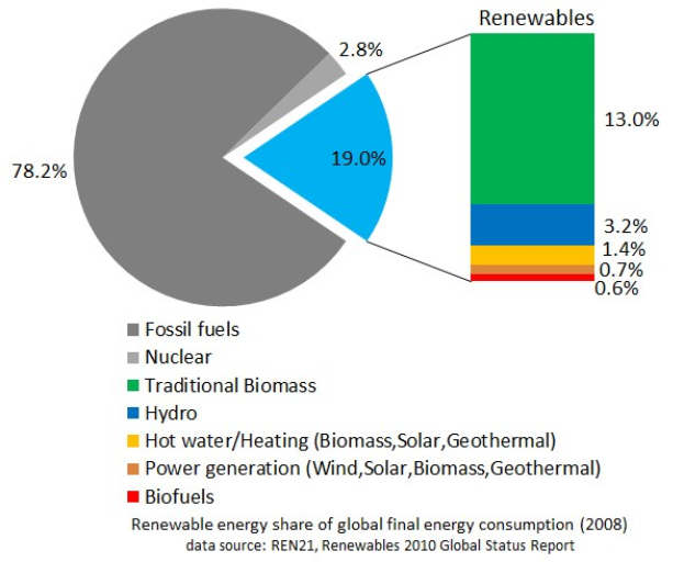 Tortendiagramm, das den globalen Verbrauch von erneuerbaren Energien im Jahr 2008 zeigt, aufgeteilt nach Energiequellen einschließlich fossiler Brennstoffe, Kernenergie, Wasser, Heizung, Biomasse, Solarenergie, Geothermie und Biokraftstoffe.