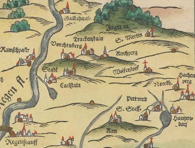 Alte Karte von Köln, Deutschland, mit grünen Bäumen, kleinen Häusern und dekorativem Text.