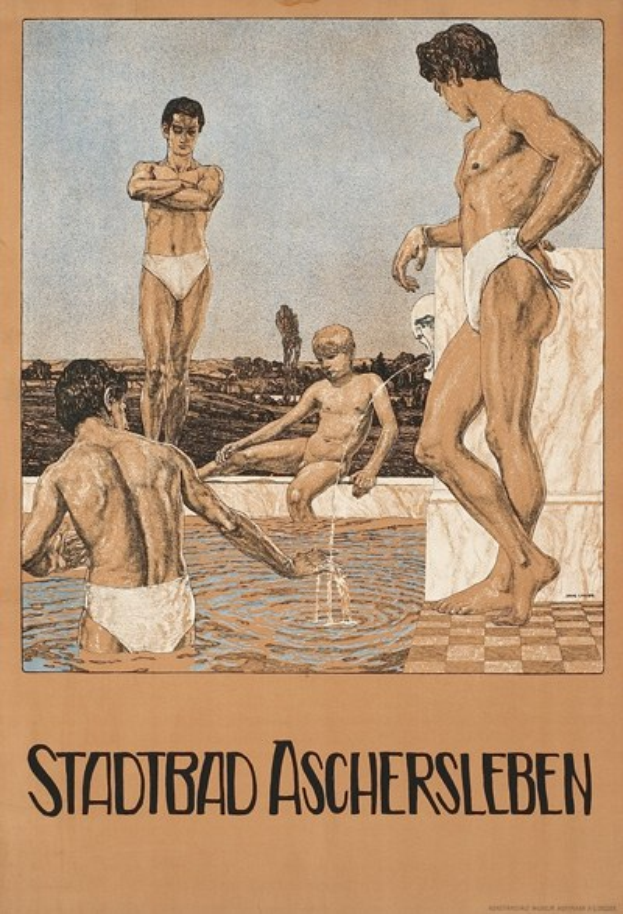 Plakat, das ein Schwimmbad in Aschersleben ankündigt und Menschen im Wasser zeigt sowie Text über die Einrichtungen des Bades.