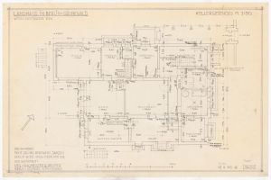 EinBlueprint eines Hauses mit der Aufschrift "Landhaus in Berlin" auf einem Blatt Papier mit Architekturplänen.