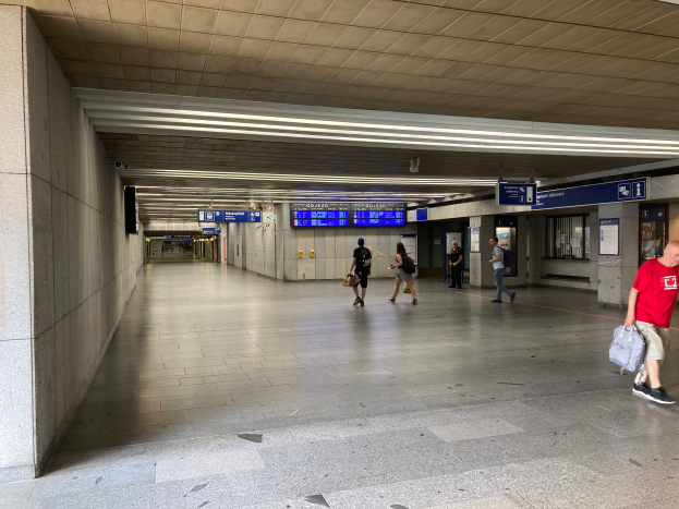 Eine Gruppe von Menschen geht durch eine U-Bahn-Station, einige tragen Taschen, mit Texttafeln, Säulen und Deckenlampen im Hintergrund und einer Person in Sneakers in der Mitte.